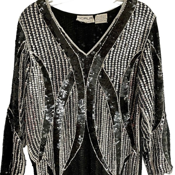 Vintage Scala Dress Size Small Black Silver Silk Sequin Evening Party Formal 80s - Picture 2 of 9